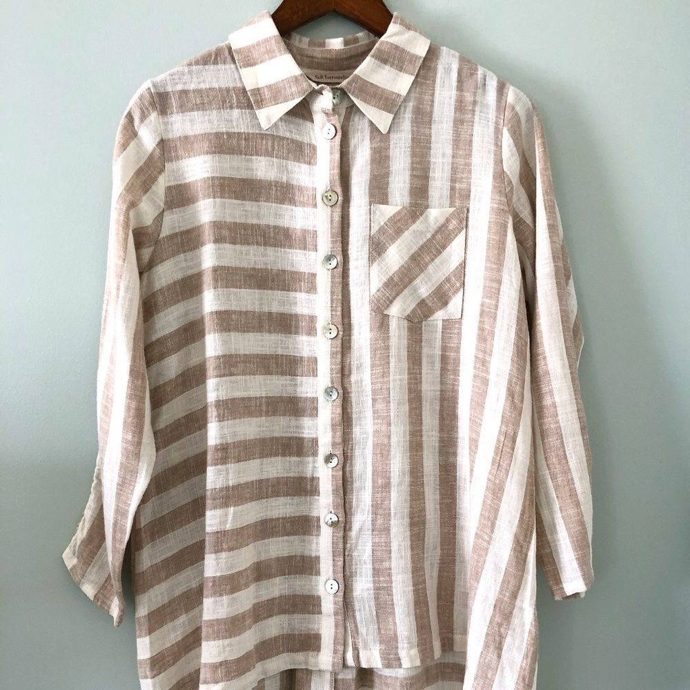 Soft Surroundings Lagenlook Camina Linen Blend Striped Shirt Size M